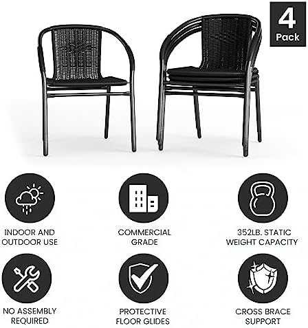 Flash Furniture Lila Modern Rattan Indoor/Outdoor Stackable Dining Chairs, Stacking Rattan Bistro Chairs for Patio or Restaurant, Set of 4, Black