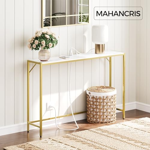 MAHANCRIS Console Table, Narrow Sofa Table, 43.7” Entrance Table with Power Station, Behind Couch Table, Simple Style, for Living Room, Hallway, Entryway, Foyer, Marble and Gold CTJM112E01