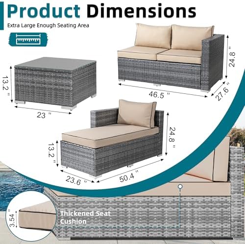 SUNLEI Patio Furniture Set with Detachable Soft Cushions, Outdoor PE Rattan Patio Conversation Sofa Set, 3-Piece Patio Sectional Sofa with Glass Coffee Table (Silver Rattan/Khaki)