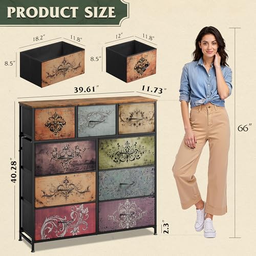 WLIVE Tall Dresser for Bedroom, 9 Drawer Chest of Drawers, Pattern