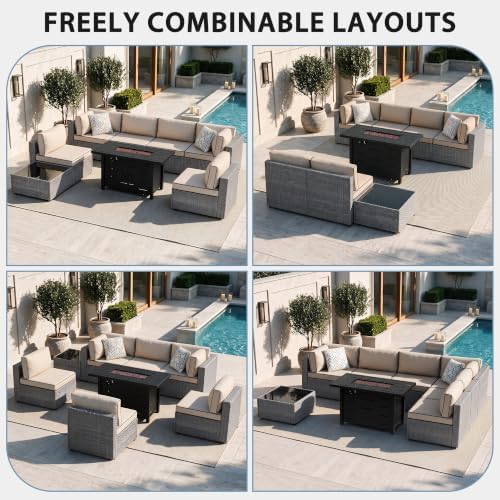 Shintenchi 8 Piece Outdoor Patio Furniture Set with 43 Inch Propane Fire Pit, Washable Cushions, Glass Coffee Table, Waterproof Cover & CSA Certified for Backyard Poolside, Silver PE Rattan/Khaki