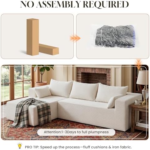 106" Cloud Sectional Boneless Couches for Living Room, Modular L Shaped Couch with Deep Seat Oversized Left Facing Chaise, Memory Foam Compressed Spineless 3 Seater Sofa for Bedroom Apartment, Beige