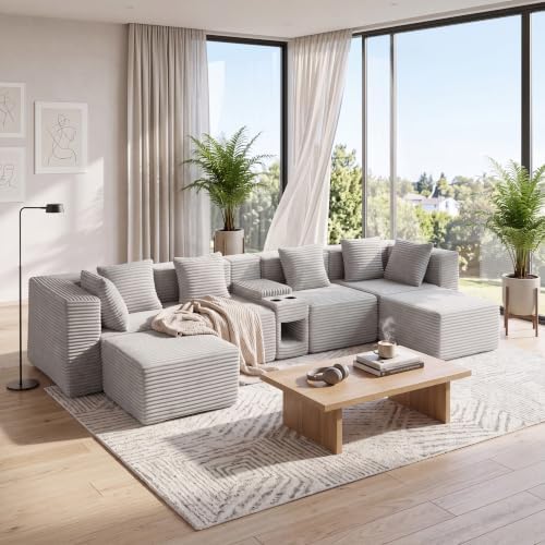 144-Inch Oversized U-Shaped Modular Cloud Couch Boneless Corner Sectional Couch W/Console & Ottomans, Compression Boneless Corner Sofa Corduroy Sectional Sofa for Living Room