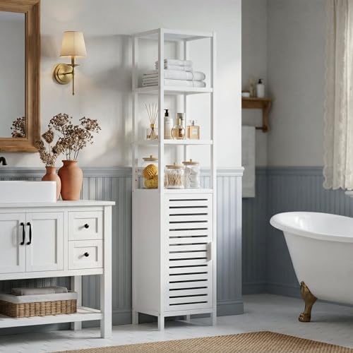 HITNET Bathroom Tall Cabinet, Floor Standing Bamboo Storage Cabinet with 6 Shelves and Shutter Door for Kitchen Living Room, White