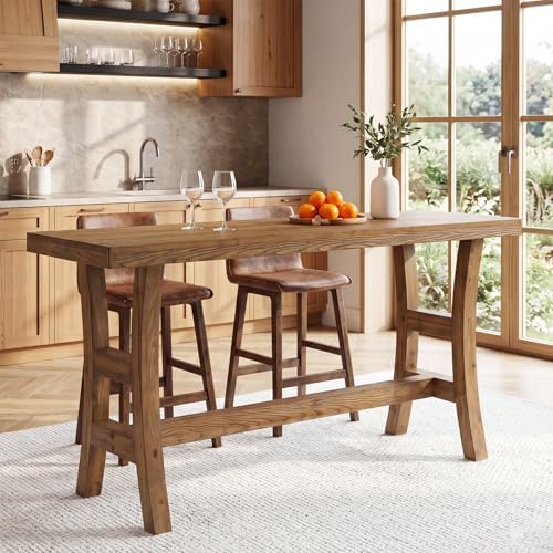 63-Inch Solid Wood Bar Table, Farmhouse Counter Height Pub Table with Footrest, Rectangular High Top Home Bar Units for Home Kitchen, Dining Room, Bistro (Without Chair, Retro Brown)