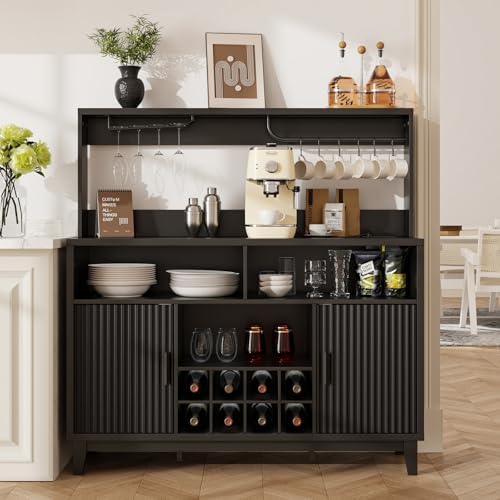 Fluted Coffee Bar Cabinet with Charging Station, 47.2" W Liquor Cabinet