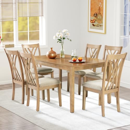 Zevemomo 7-Piece Wood Dining Table Set with 6 Chairs, Natural Wood Color