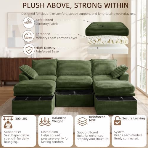 Modular Sectional Couch with Storage, Couches for Living Room, Corduroy 5-Seat U Shaped Upgraded Boneless Couch with 2 Ottomans & Pillows, Cloud Memory Foam Sofa, Deep Seat,No Assembly (107"-Green)