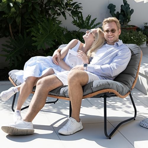 Outdoor Loveseat, Boho Rattan Patio Couch with Soft Cushion (Dark Gray)