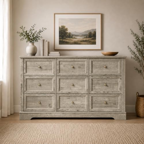 LOUVIXA Farmhouse Bedroom Sets of 4, Including 9 Drawer Dresser, 5 Drawer Dressers and Nightstand Set of 2 with Charging Station (Grey Sets, 4 Pieces)