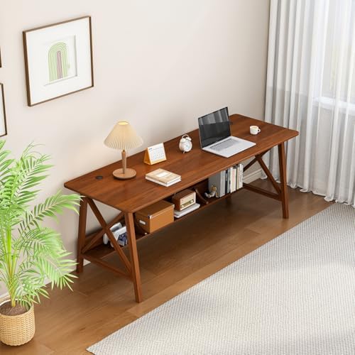 NELYE Extra Long Writing Desk with Bookshelf, 47" Wx16 Dx30 H, Walnut