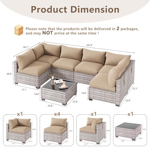 LOUVIXA 7 Piece Outdoor Patio Furniture Set, Outdoor Sectional Sofa, Wicker Rattan Patio Furniture, Patio Conversation Set with Coffee Table & Cushions