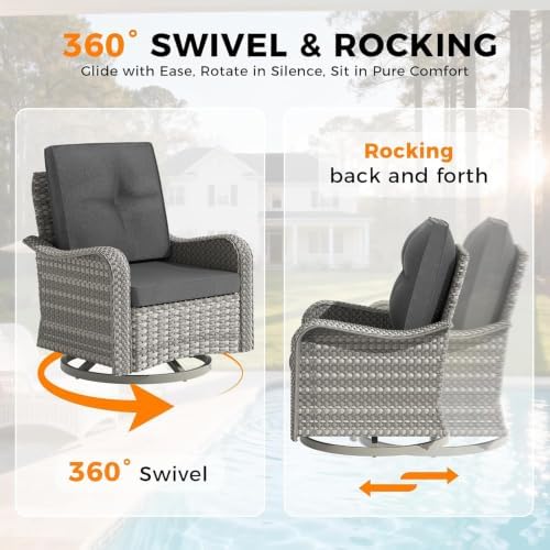 8‑Seat Modular Wicker Patio Set with Fire Pit Table, 2 Swivel Rocking Chairs, 4" Cushions, Rust‑Resistant Steel Frame, L‑Shape Rattan Sectional Sofa, Charcoal Grey