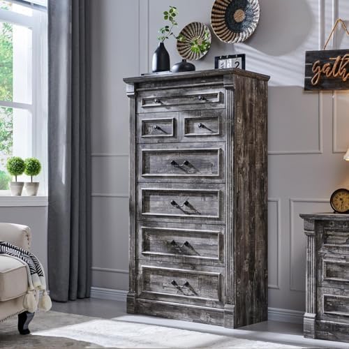 Aitjunz Farmhouse 57" Tall 7 Drawers Dresser for Bedroom, Light Grey