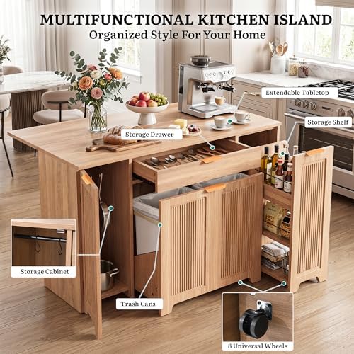 YITAHOME Expandable Kitchen Island with Hidden Trash Cabinet