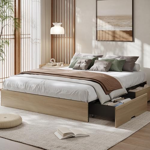 GarveeHome Wood Platform Bed Frame, King Bed Frame with 2 Drawers