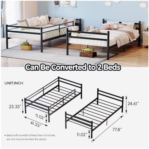 Bellemave Twin Over Twin Bunk Beds, Metal Bunk Bed Frame with Ladder and Full-Length Guardrail for Kids, Adults, Can be Split, Black