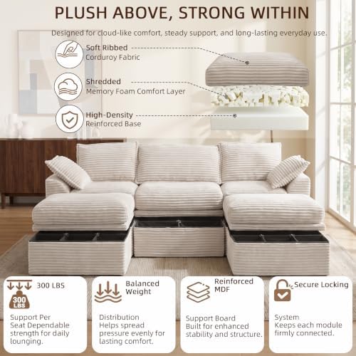 Modular Sectional Couch for Living Room, Corduroy 5-Seat U Shaped Upgraded Boneless Couch with Storage & 2 Ottomans, Throw Pillows, Memory Foam Sofa,Deep Seat,Compressed Box,No Assembly (107"-Beige)