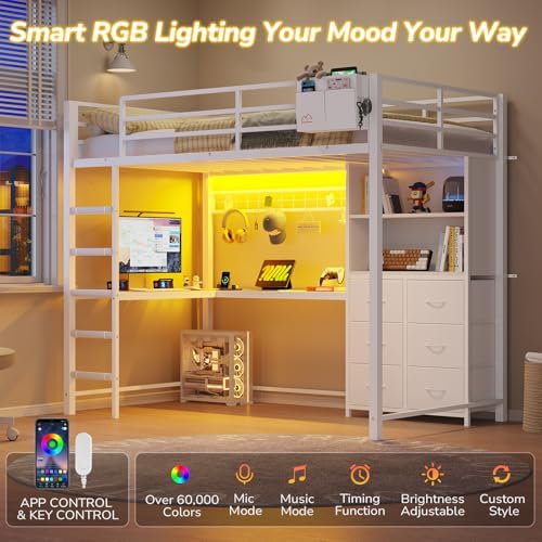 DICTAC Twin Loft Bed with Desk, Storage Bookshelf and 6 Drawers, White