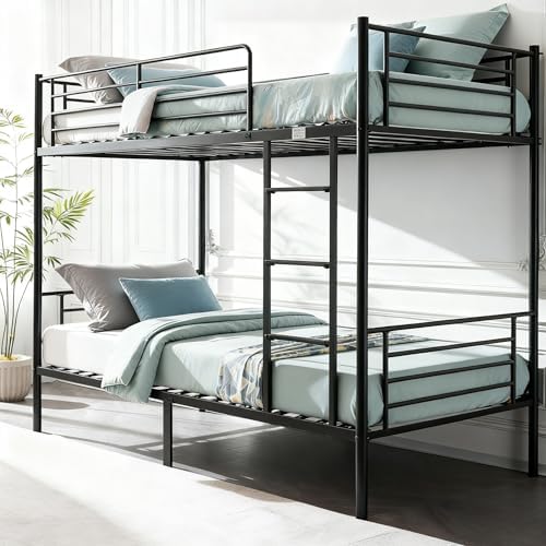 FCH Metal Bunk Bed Twin for Kids, Teens and Adults,Bunkbeds with Ladder and Flat Rungs, Heavy Duty Metal Slats Support, No Box Spring Needed, for Dorm,Bedroom,Black