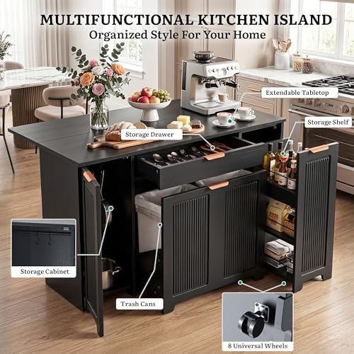 YITAHOME Expandable Kitchen Island with Hidden Trash Cabinet