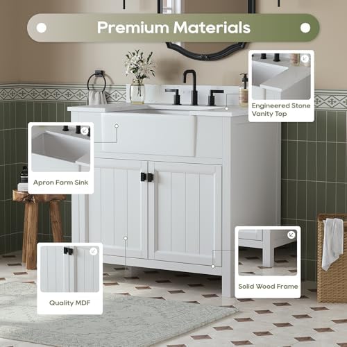 36 Inch Bathroom Vanity with Apron Farm Sink, White | Solid Wood Fully Assembled Bathroom Sink Cabinet, Farmhouse Single Sink Bathroom Vanity with Soft Close Doors, Stone Top