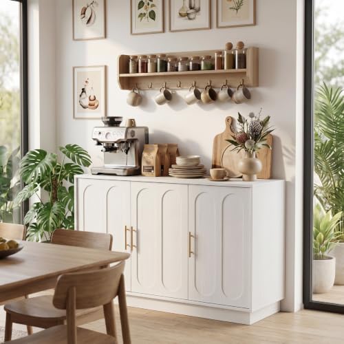 holzart 46.6" Modern Farmhouse 3 Door Storage Cabinet, White Sideboard Buffet with Gold Handles, Large Fluted Wood Credenza for Dining Room, Living Room, Coffee Bar