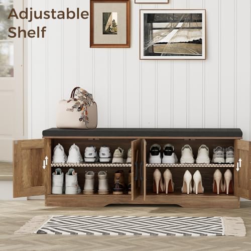 HOMSHO Farmhouse Shoe Storage Bench with 4 Barn Doors & Padded Seat Cushion