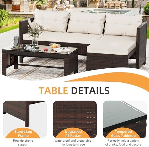 Shintenchi 3 Pieces Outdoor Patio Furniture Set, Wicker Patio Conversation Set, All Weather Wicker Rattan Patio Seating Sofas with Glass Coffee Table and Cushion, Beige