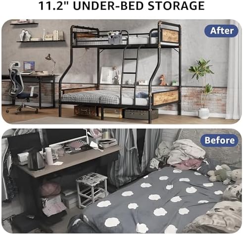 Jocoevol Metal Bunk Bed Twin Over Full, Industrial Bunkbeds Heavy Duty Bed with Safety Guard Rails and Space-Saving Design, Steel Bed for School, Bedroom (Vintage Brown)