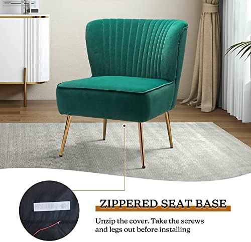 HULALA HOME Velvet Accent Chair, Modern Upholstered Cute Side Chair with Gold Metal Legs, Armless Wingback Slipper Chair Comfy Living Room Chair for Bedroom Guest Room Vanity,Green