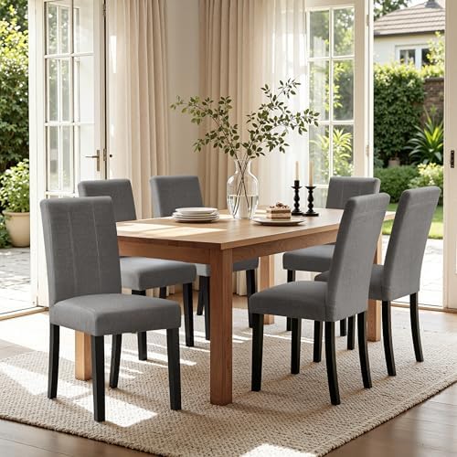 HOMYZOO Dining Chairs Set of 6, Upholstered Dining Room Chairs with Padded Seat & Solid Wood Legs, Modern Farmhouse Kitchen Chairs for Living Room/Restaurant/Cafe, Dark Gray