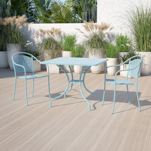 Flash Furniture 35.5" Square Patio Table with Umbrella Hole, Sky Blue