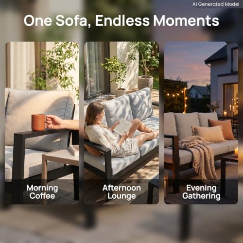 Wisteria Lane Aluminum Outdoor Patio Sofa, High Backrest Metal 3-Seat Outdoor Couch with 5 inch Thick Cushions, Patio Furniture for Deck Porch Garden Poolside, Grey
