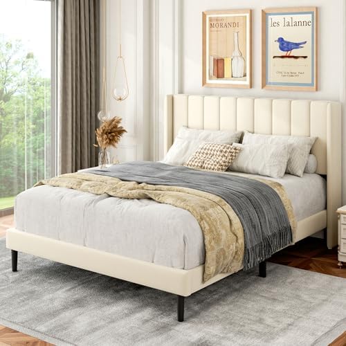 Gruwans Full Size Bed Frame with Upholstered Wingback Headboard, Easy Assemnly Platform Bed, Wooden Slat Support No Box Spring Needed, Cream