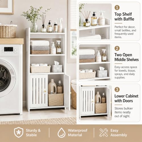 HAYOFAMY 4-Tier Bathroom Storage Cabinet 8.7" D x 14.2" W x 29.5" H | White Floor Cabinet, Freestanding Organizer with Door, for Living Room Kitchen Small Space, PVC Material