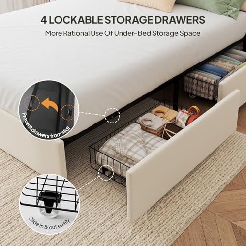 Welzona Queen Velvet Bed Frame with 4 Storage Drawers, Fully Upholstered Metal Platform Bed Frame with Vertical Channel Tufted Headboard, 3-Level Height, Easy Assembly, No Box Spring Needed, White