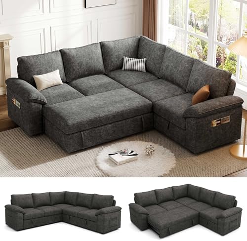 85'' Modular Sectional Sofa with Pull Out Bed, Sleeper Sofa, Dark Gray