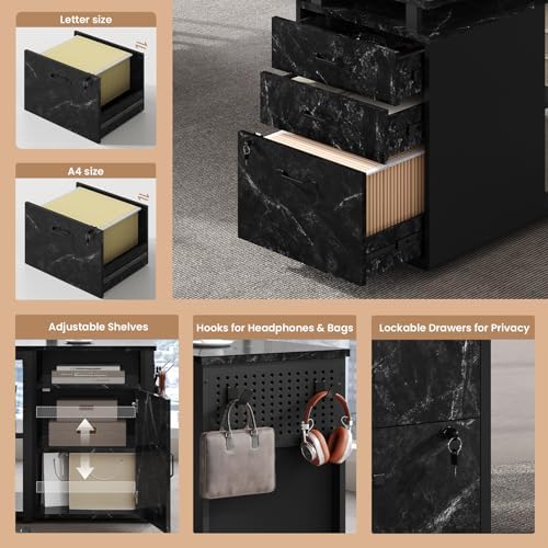 78" Executive Desk with Lockable File Cabinet, L Shaped Office Desk with Power Outlets, Large Executive Desk with Drawers and Storage Shelves, Reversible Computer Desk, Marble Grain