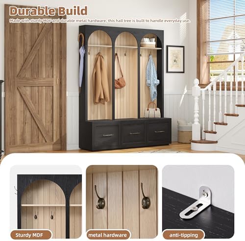 Merax Farmhouse Wood Hall Tree with 8 Hooks and Storage Shoe Bench, Arched Mudroom Versatile Coat Racks with 3 Drawers, Entrance Organizer for Hallway Black