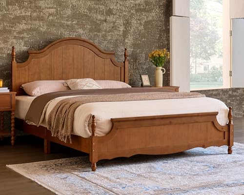 LUXOAK King Size Solid Wood Poster Bed, 55" Arched Headboard, Caramel