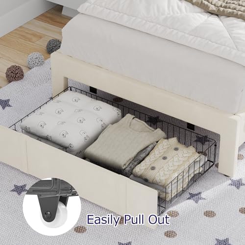 VECELO Twin Bed Frame with Storage Drawer, Heavy-Duty Platform Bedframe with Headboard & Strong Wooden Slats Support, No Boxing Spring Needed, Pala Beige