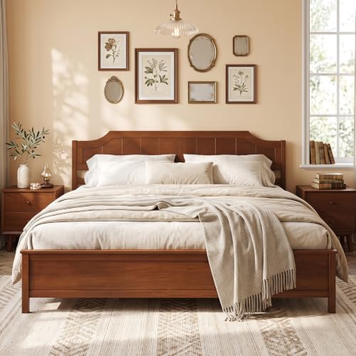 GIANTEX King Size Wooden Bed Frame with Headboard, Wood Slat Support