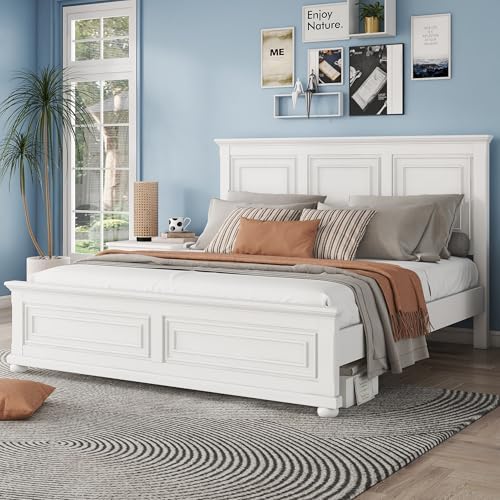 Farmhouse King Size Bed Frame with Tall Headboard & Footboard,Wooden King Bed Frame with Wood Panel Bed Base, No Squeak, No Box Spring Needed, White