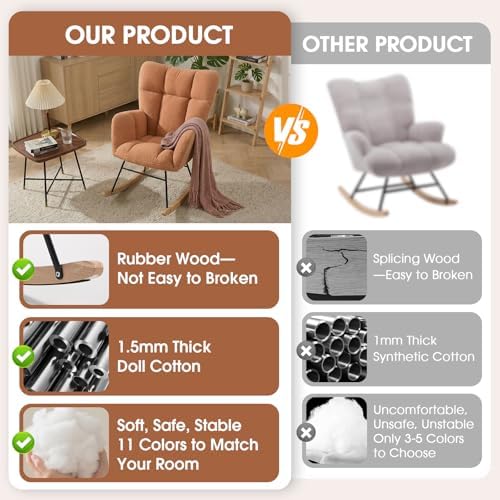 Nursery Rocking Chair, Teddy Upholstered Glider Chair with Thick Cushion, Tufted Gliding Rocker Chair with Wood Leg, Cozy Rocking Armchair, Accent Rocking Chair for Living Room (Kahaki)