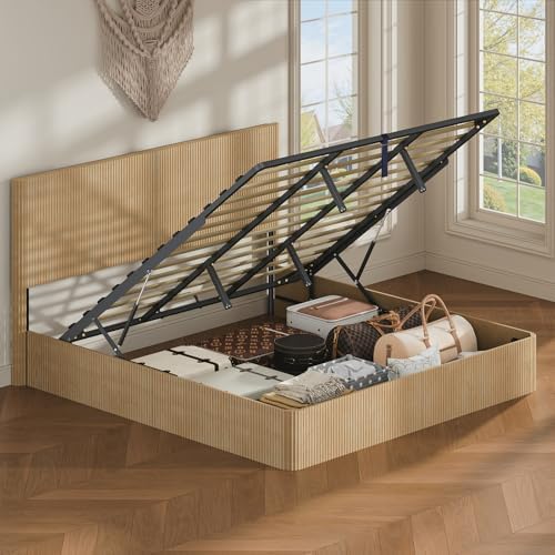 VMU Fluted King Size Platform Bed Frame with Lift up Storage, Oak