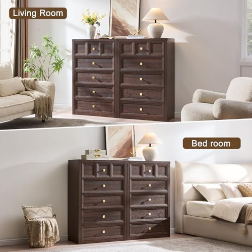 3-Piece Bedroom Set, 5 Drawer Tall Dresser and 3 Drawer King Size Nightstands Set of 2 with Charging Station, 3 Piece Farmhouse Wood Bedroom Dresser and Nightstand Sets, Brown