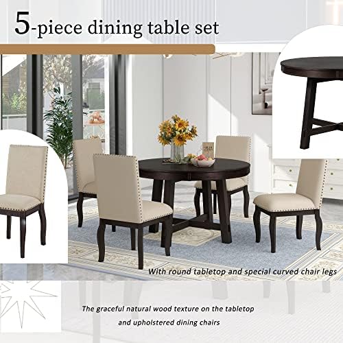 LUMISOL Round Dining Table Set for 4, Farmhouse Kitchen Table Set with Round Extendable Dining Table and 4 Upholstered Dining Chairs, Espresso