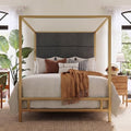 Merax Queen Canopy Bed Frame with Tall Linen Headboard, Metal 4 Poster Bed