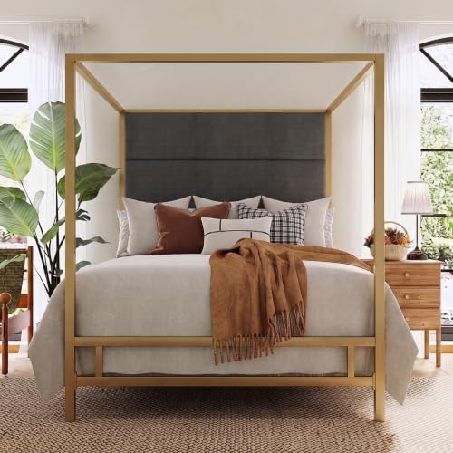 Merax Queen Canopy Bed Frame with Tall Linen Headboard, Metal 4 Poster Bed